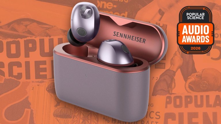 Sennheiser MOMENTUM True Wireless 5 earbuds in lavender resting in their open charging case