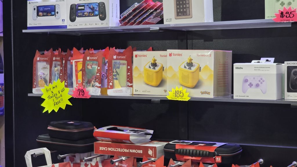 tones on Sale for $185. They are in the box and you can see the Pikachu one in a box, and next to it are a bunch of the different tonies figurines to purchase (with a buy 3, get one free sign).