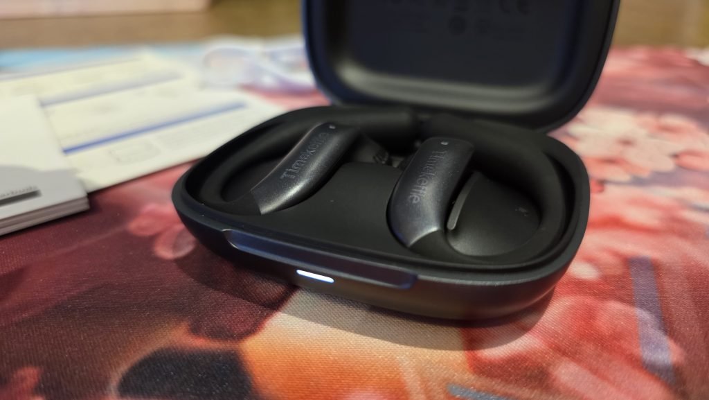 Earbuds inside their case.