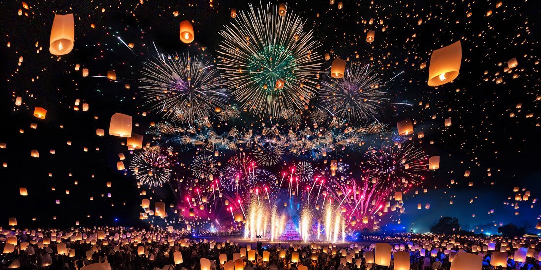fireworks and paper lanterns in the sky
