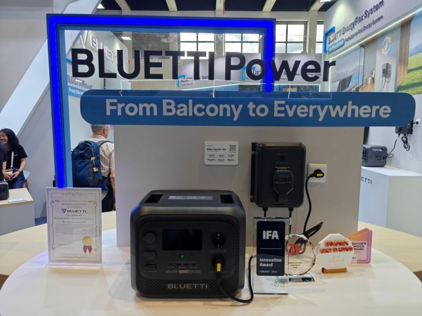 Bluetti power station and transfer switch on display with awards.