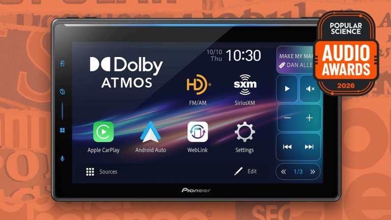 Pioneer SPHERA car stereo head unit showing a Dolby Atmos home screen