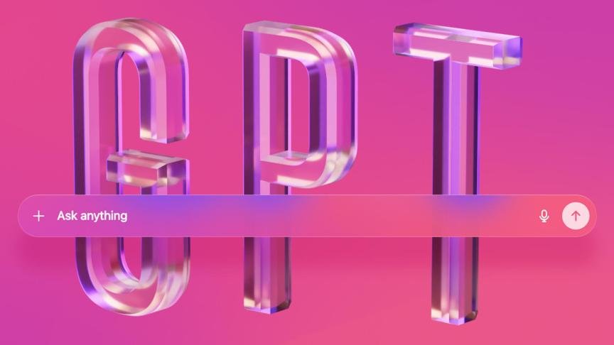 A pink graphic that reads GPT. A cross it is a search bar that says Ask anything. At the end of the bar is the option to use voice dictation to write the query or to send the query.