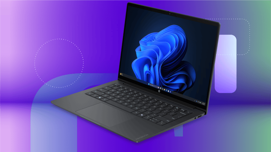 The new HP ProBook 4 sits open wide on a bluish-purple CNET background.