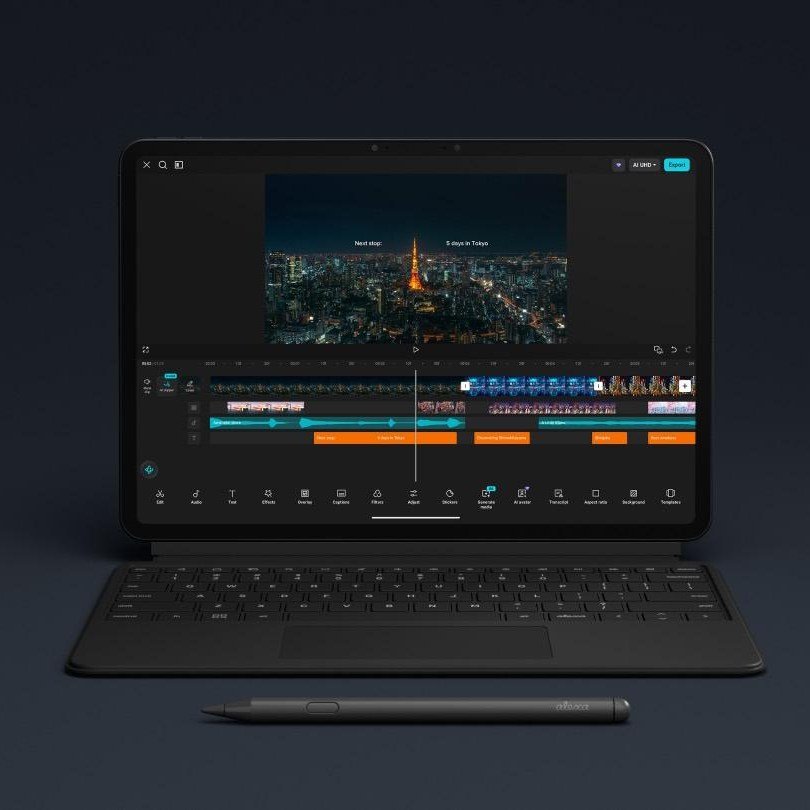 A photo of an Alexa Tablet with the keyboard case and stylus.