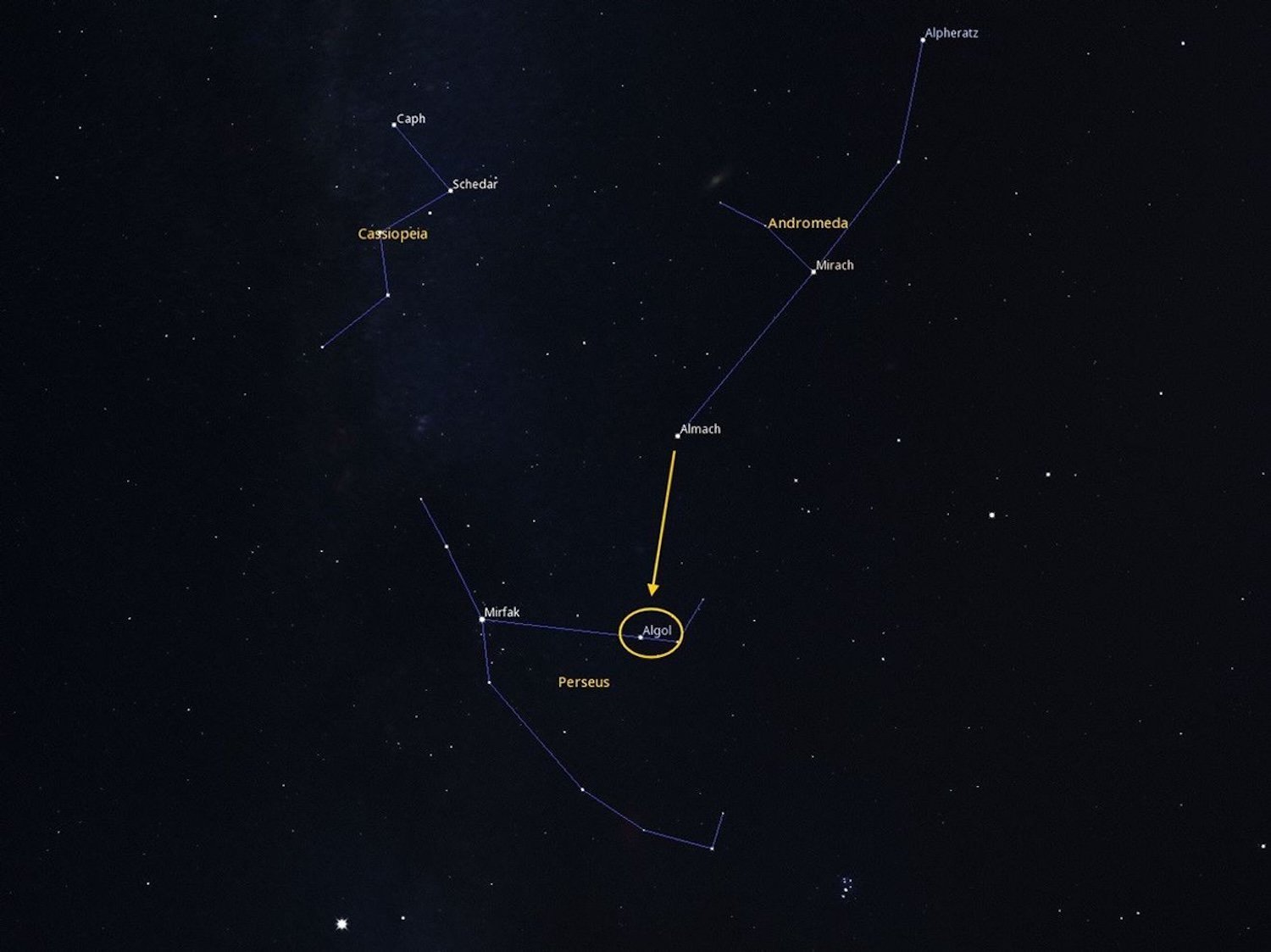 Algol on star chart of night sky