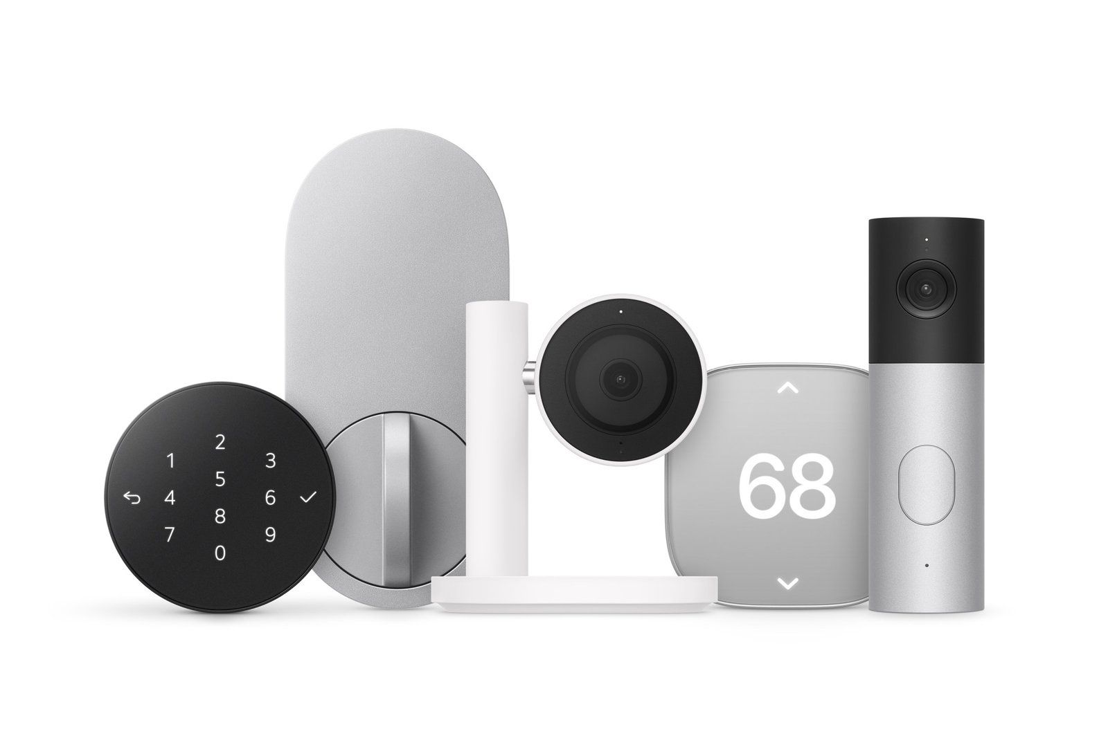 Several Apple Home Collection products: LG smart door lock, indoor camera and video doorbell, and a Schneider Electric thermostat.
