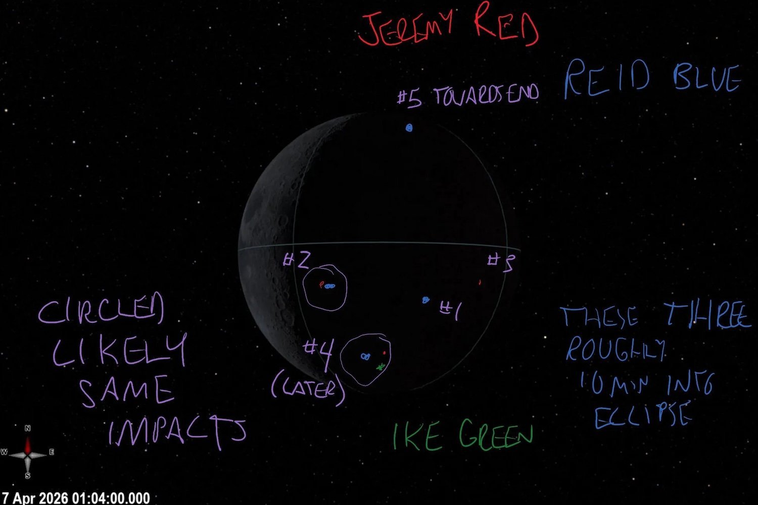 A visualization of a dark Moon eclipsing the Sun is marked with handwritten notes in this April 6, 2026, screenshot from an Artemis II crew member’s tablet. Credit: NASA