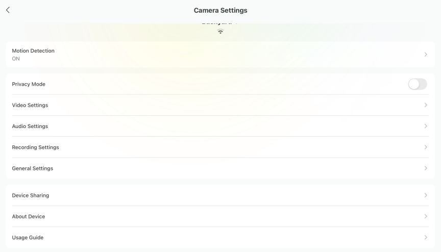 Baseus app showing camera settings.
