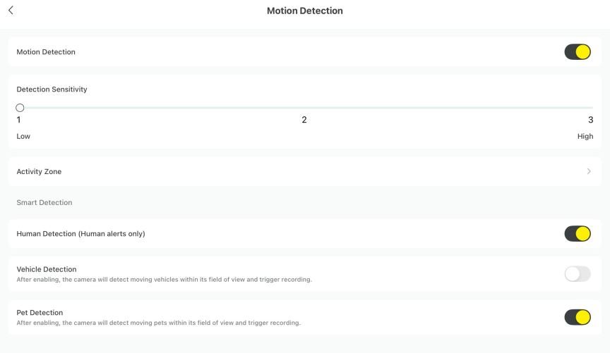 Baseus app showing motion settings.