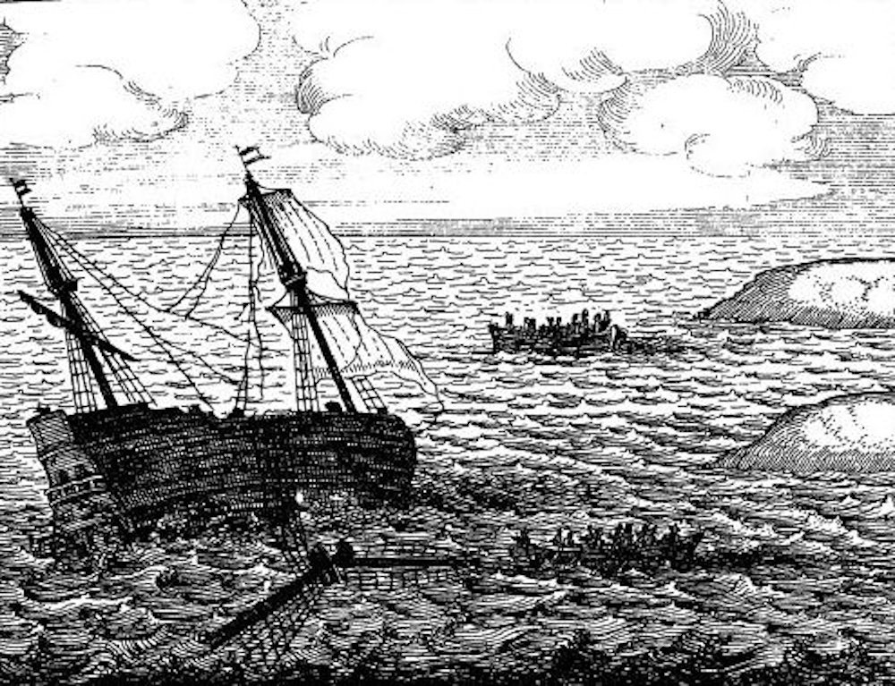 An illustration from 1647 depicting survivors being transferred from the wrecked Batavia to nearby islands in the ship's boats. Credit: Wikimedia Commons