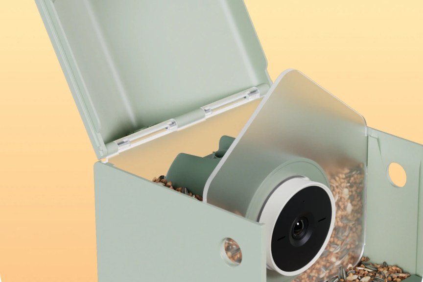 An open Birdbuddy smart feeder.
