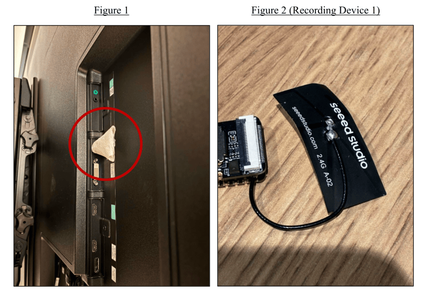 Two pictures of the recording device, left photo shows toilet-paper wrapped device in a TV port, second shows the device.