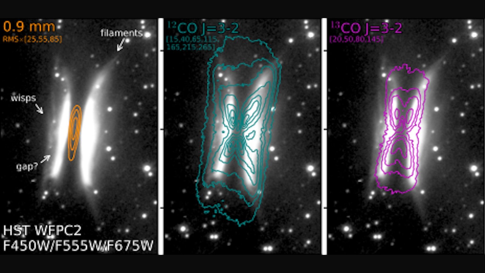 Three telescope images of Gomez's Hamburger with outlines defining its gas layers