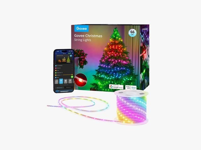 Govee Christmas String Lights, a spindle holding a string of bright pastel colored lights beside the box packaging and a mobile phone