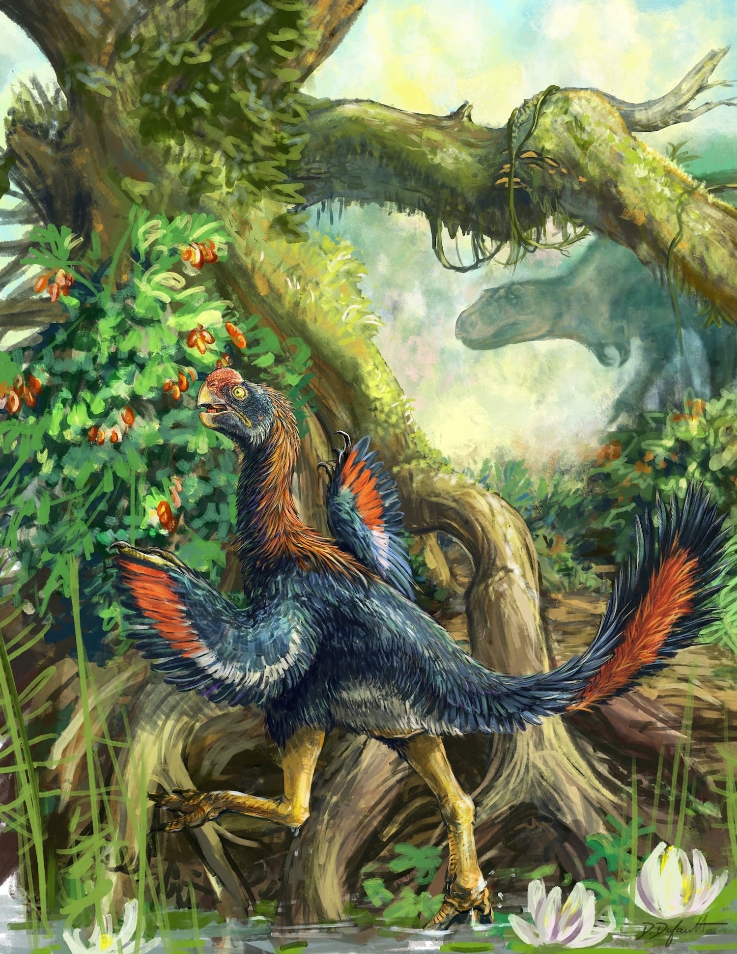 Artist's illustration of I. jamesi, aka a 'hell chicken.' It's a feathered dinosaur that looks like large parrot