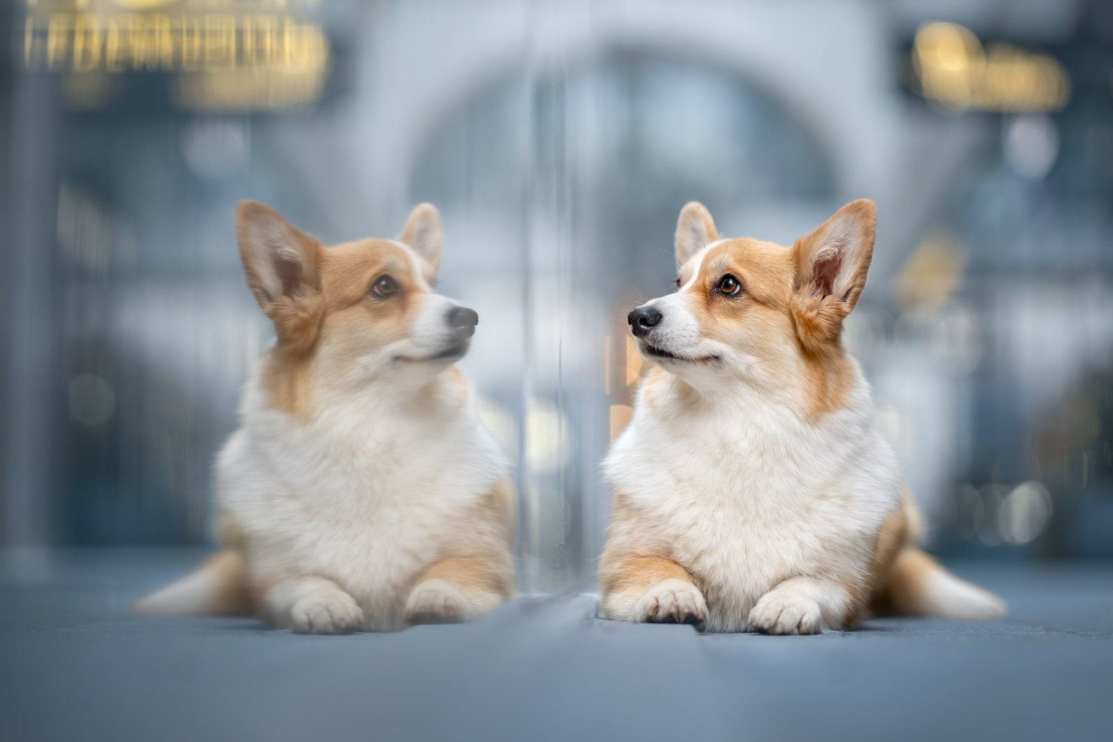 a corgi and its reflection