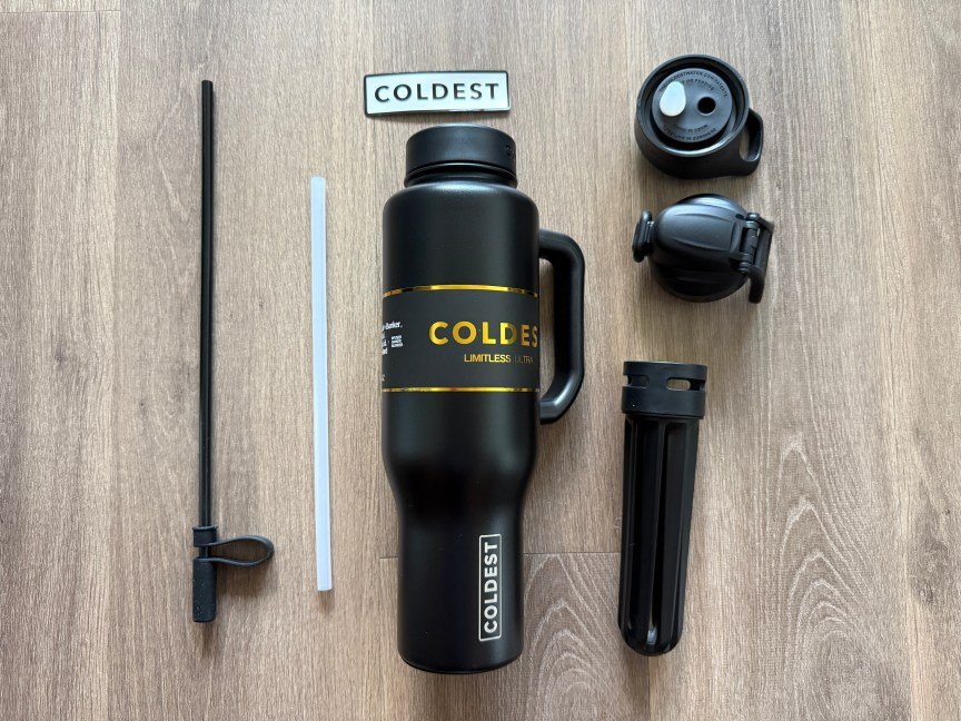 coldest water bottle and accessories laid out