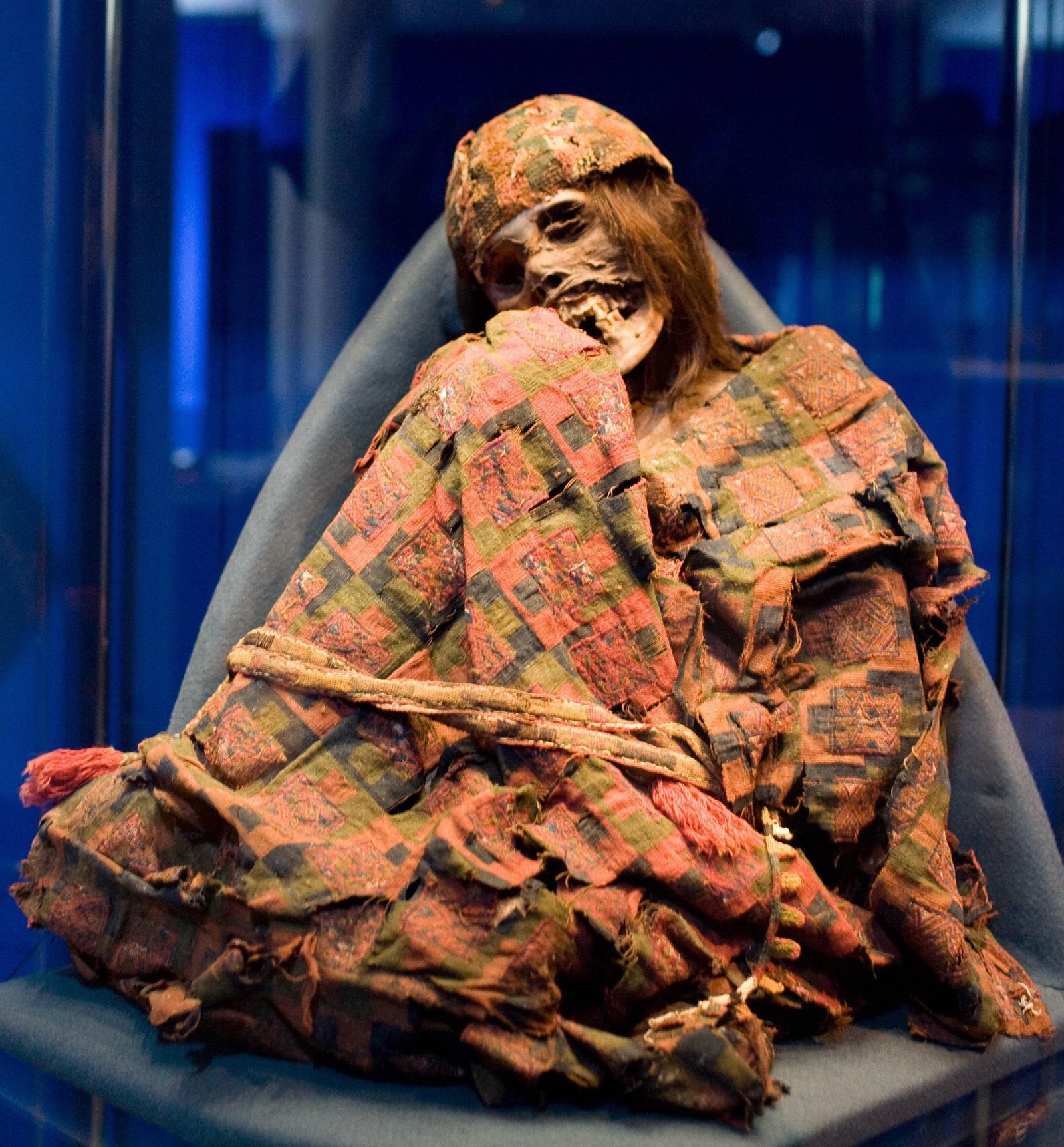 View of a mummified Inca woman at the "Mummies - The Dream of Everlasting Life" exhibition at the Reiss-Engelhorn Museum in Mannheim 27 September 2007. With more than 70 mummies gathered from the four corners of the world, the Museum is presenting the world's largest mummy-exhibition to date. The exhibition highlights the process of mummification as practiced not only in ancient Egypt, but on almost every continent, and over the centuries. The exhibition opens from 30 September 2007 to 24 March 2008. AFP PHOTO MICHAEL LATZ GERMANY OUT (Photo credit should read MICHAEL LATZ/DDP/AFP via Getty Images)