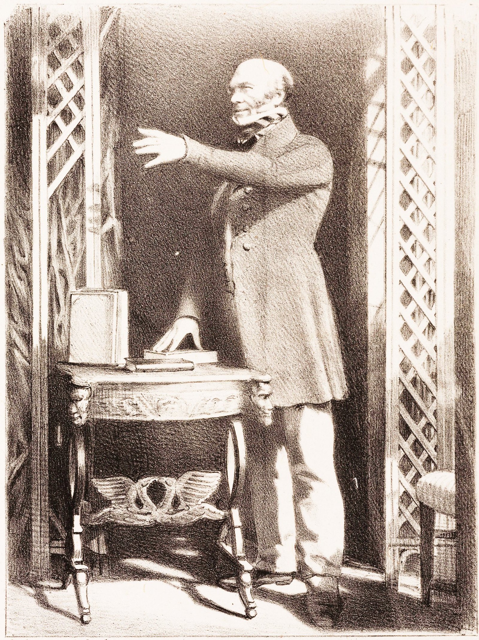 Black and white pencil drawing of a man next to a small desk with his right arm on a book and his left arm outstretched. The bald older man wears a vintage coat and has impressive sideburns.
