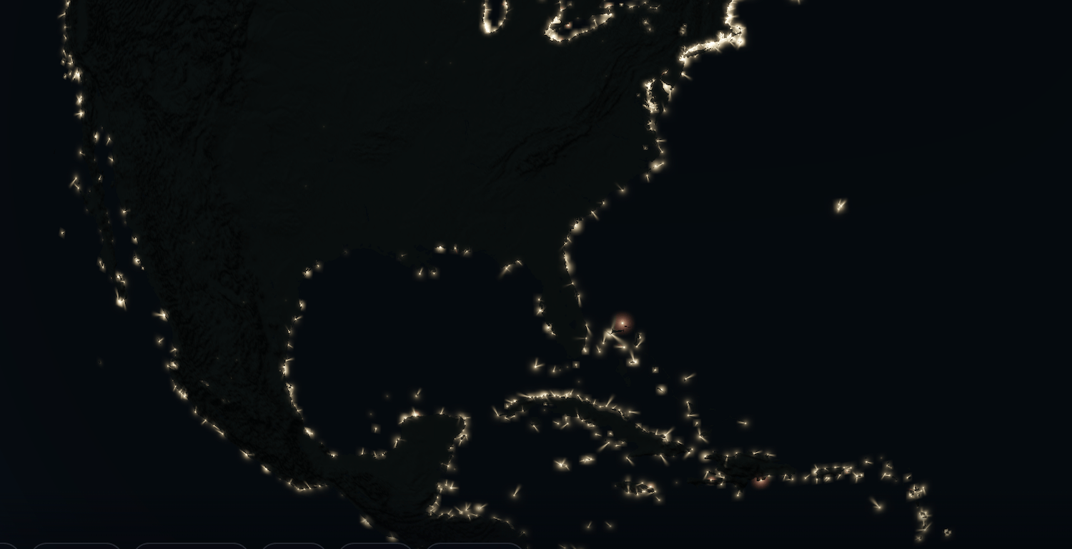 Map screenshot showing every lighthouse long U.S. and Caribbean coasts