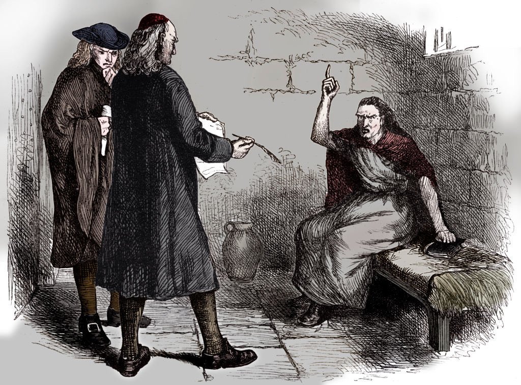 Colored print showing a woman in a red cloak pointing up in a cell with two men standing above her, approaching her with a quill and paper.