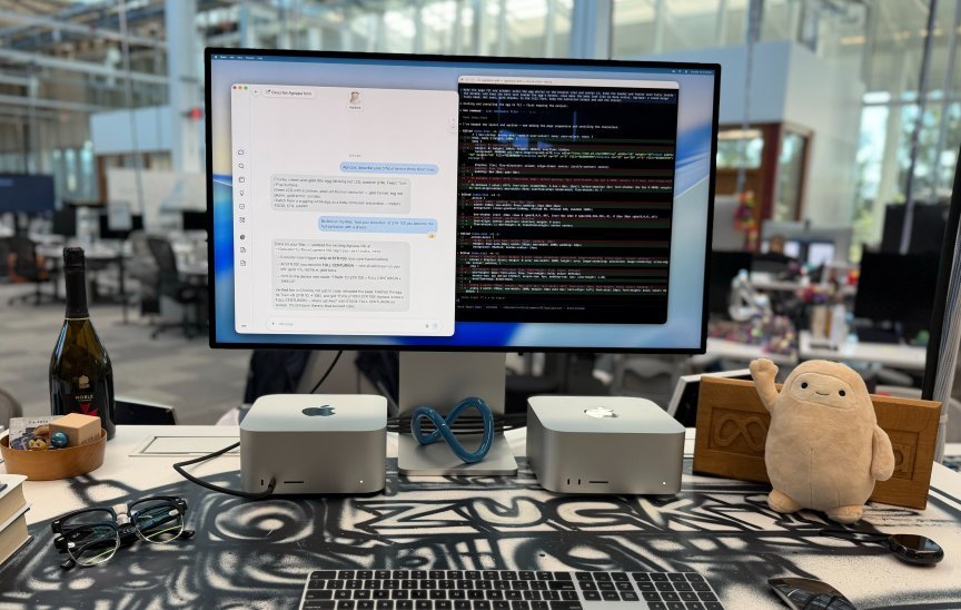 Mac Studios hooked up to a computer monitor running Meta Spark Open. A plushie of Meta's Muse character is also on the desk