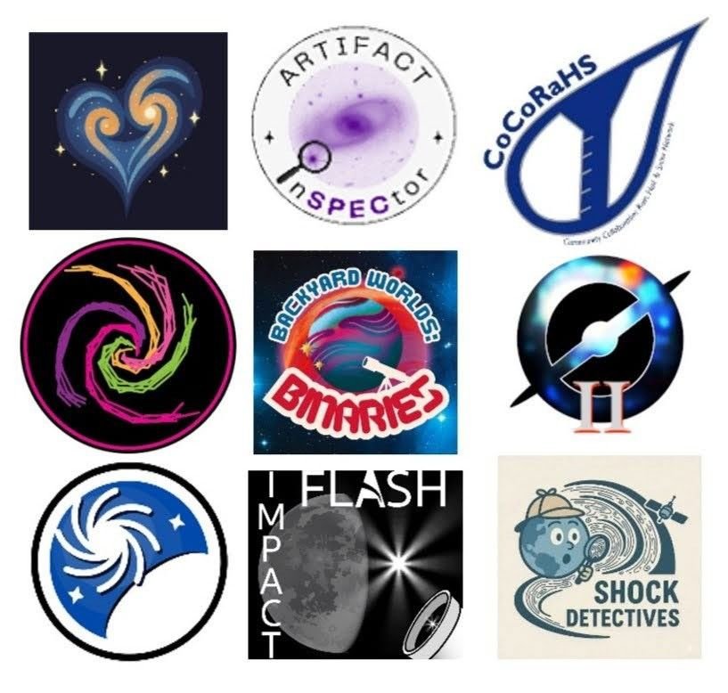 Nine NASA citizen science project logos arranged in a three-by-three grid on a white background. The colorful designs feature stylized galaxies, swirling spiral patterns, celestial objects, a rain gauge, a telescope, and a cartoon detective, representing the nine projects launched in 2026.