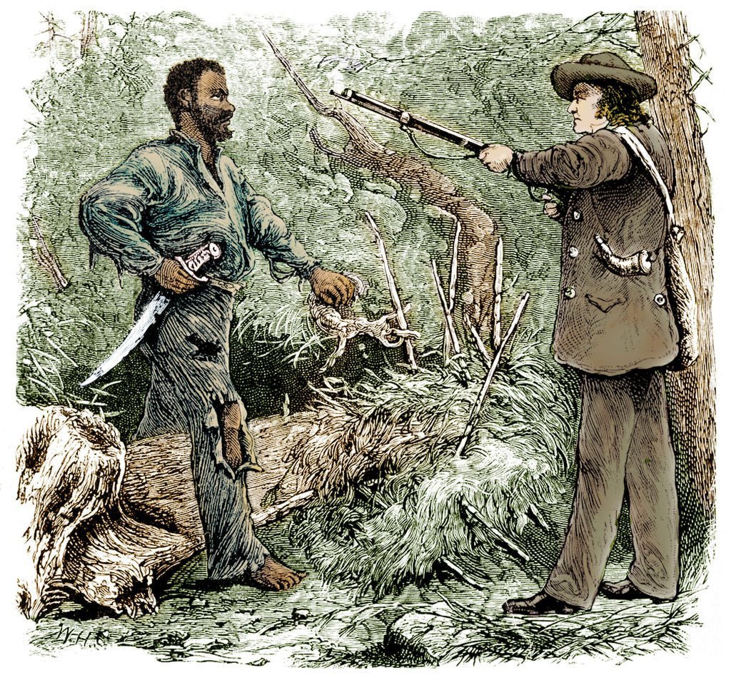 Colorized illustration (after an engraving by William Henry Shelton, circa 1881) depicts Nat Turner (1800 - 1831) (left), barefoot and dressed in tattered clothes, his hand on his dagger, as he is held a musket-point by farmer Benjamin Phipps, 1831. 
