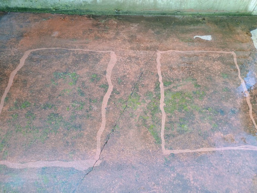 The outline of two rectangles marked off by a power washer on a dirty, mossy concrete patio.