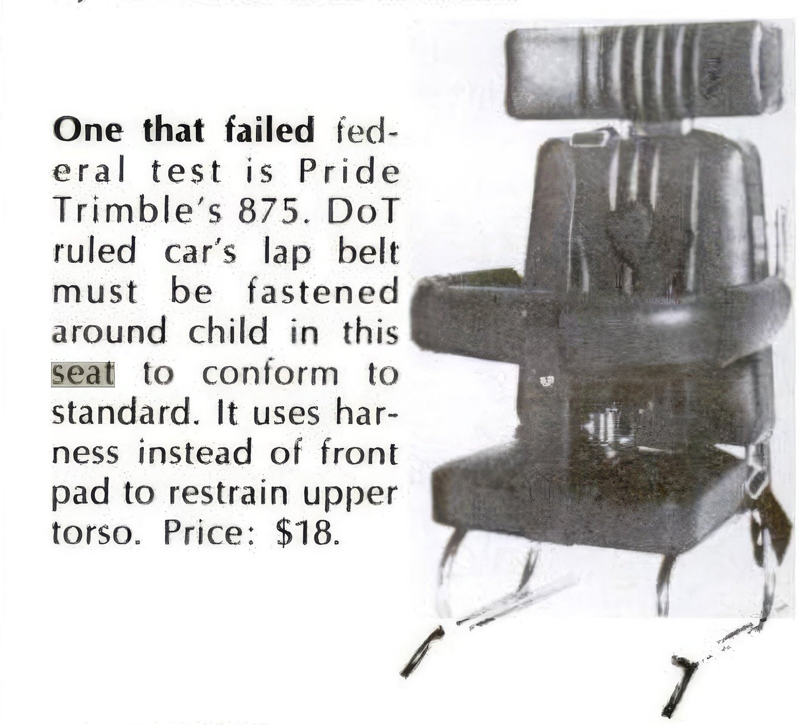 Crop from old Popular Science magazine showing a vintage child's car seat and caption.