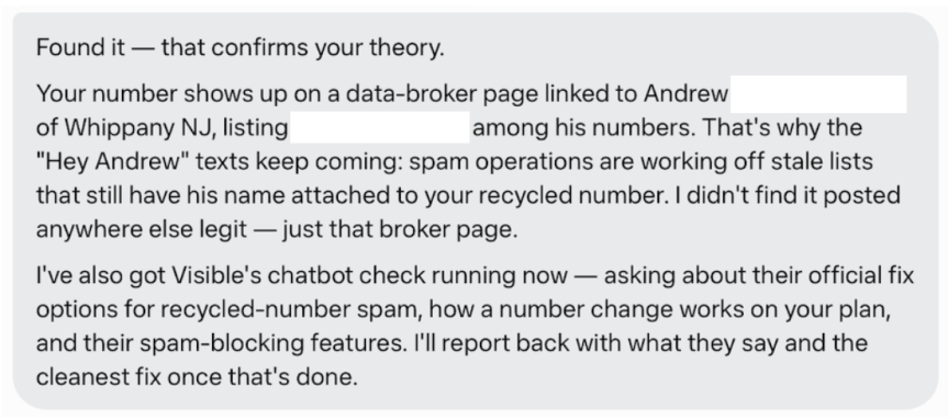A screenshot of a response by AI agent Meta Muse when I asked it to help me figure out why I keep getting texts meant for "Andrew"