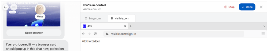 A screenshot of me taking control of Meta Muse and still getting blocked by sites that detect bots
