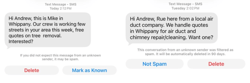 A screenshot of spam text messages I've received