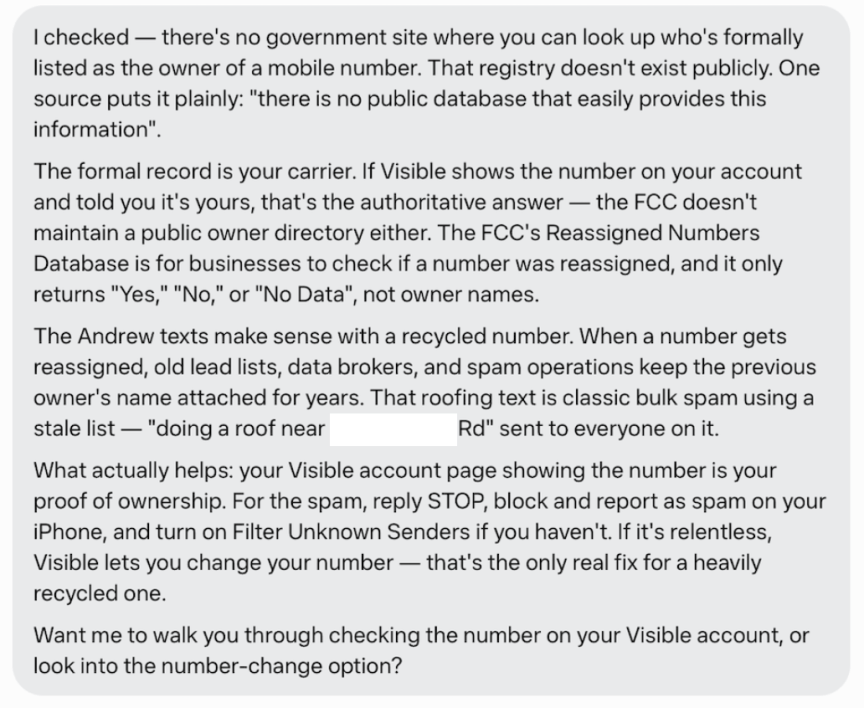 A screenshot of a response by AI agent Meta Muse when I asked it to help me figure out why I keep getting texts meant for "Andrew"