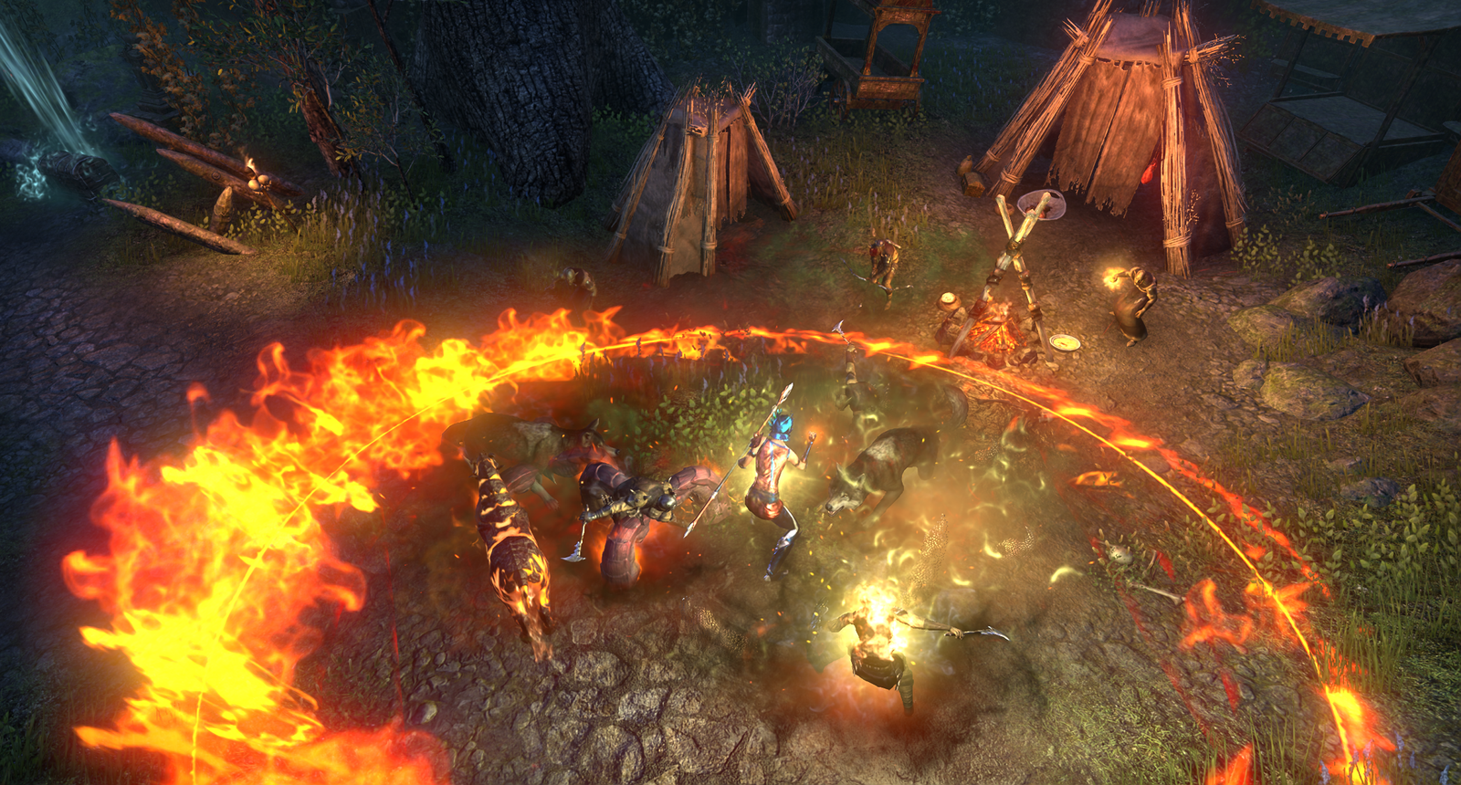 A flaming pile of cool things where the player is in the middle and there are lots of flames around them.