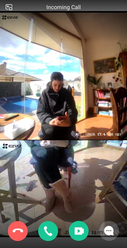Screenshot of the EZVIZ app showing how the main camera (looking at the person), and the secondary camera (looking at the person's feet).