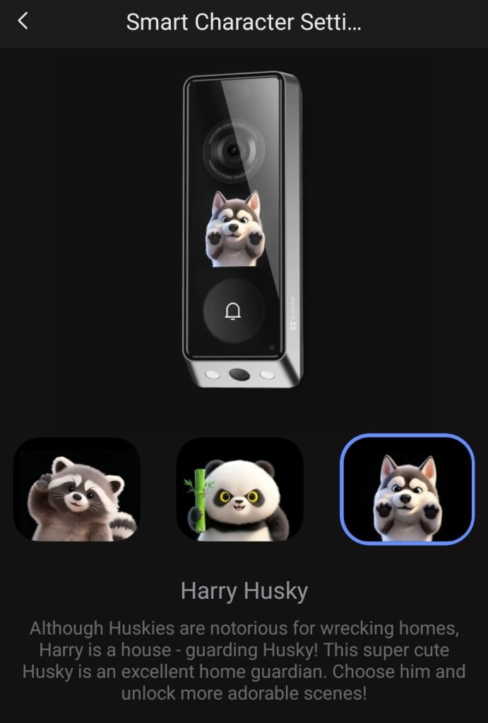 Screenshot of the EZVIZ app showing the character settings screen. There are three, 3D animated, pixar-like characters on the screen: a racoon, a panda bear, and a husky dog.