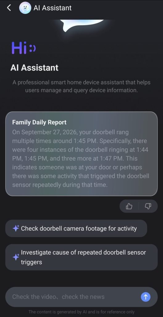 Screenshot of the EZVIZ app showing the AI Assistant. There are AI summaries of what's happened on that day (a one paragraph text summary), and options to continue the chat.