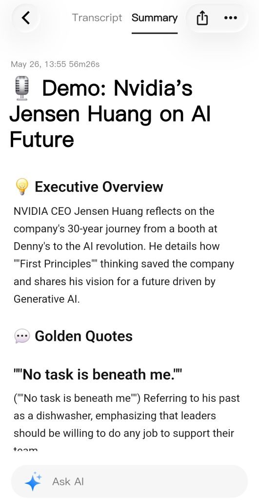 The screenshot shows the BOYA app with a summary of a meeting. There's an "Ask AI" chat box at the bottom and the meeting notes are nicely formatted.