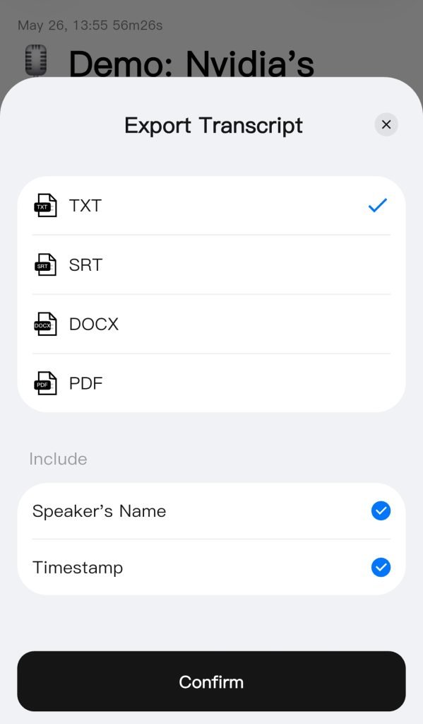 Screenshot of the app showing an export transcript screen, with txt, srt, docx, and pdf options. There are check boxes to choose to include speaker name and timestamp.