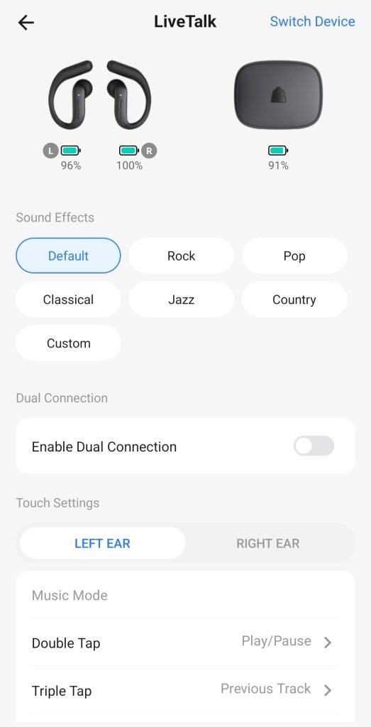 Screenshot of the earbuds setting page showing the battery life of each earbud separately and the case. Then there are settings to choose from including sound effects, dual connection (enable or disable), touch settings for each individual ear: Music mode (double tap or triple tap)