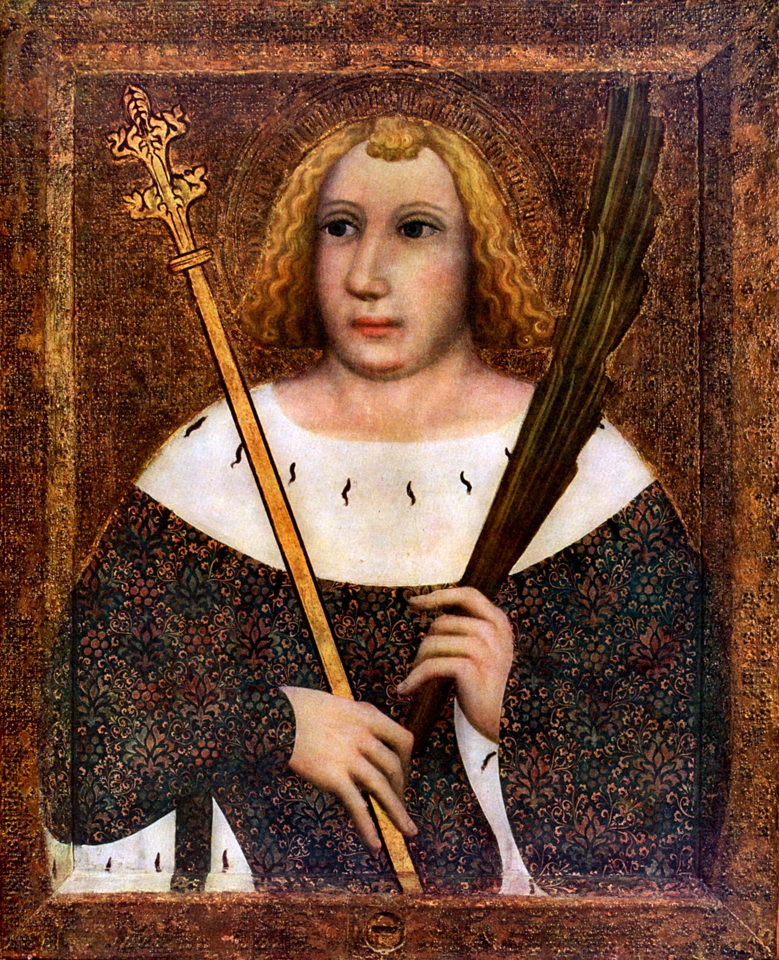 A print of Gothic painting showing saint.
