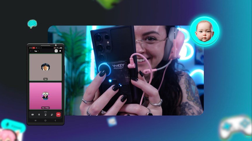 A woman holds a phone in front of her with a device on the back that's connected to her headset, with a graphic of a phone call and a baby around the visual to indicate the voice filter she's using on the call.