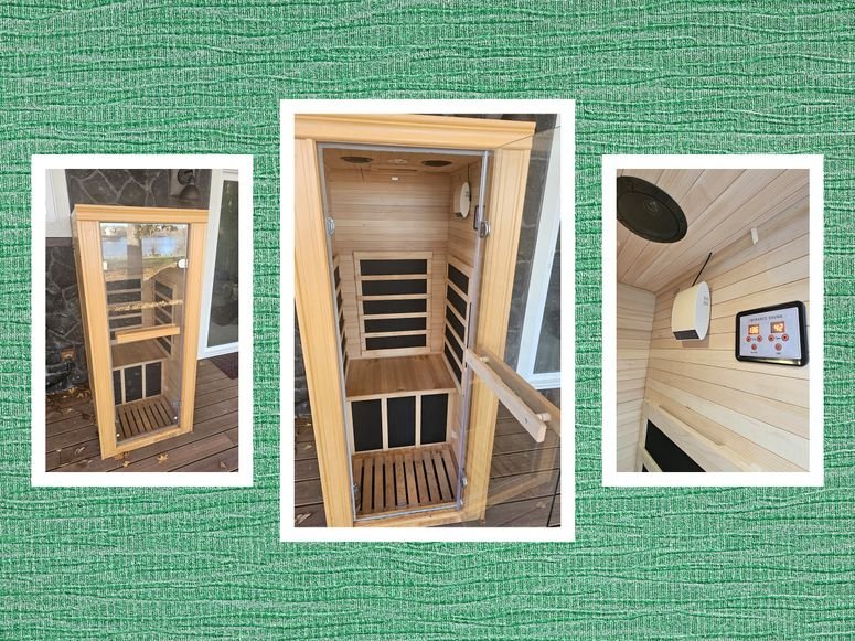 Front and inside views of a wooden sauna installed on the back deck of a house. Background: green fabric texture.
