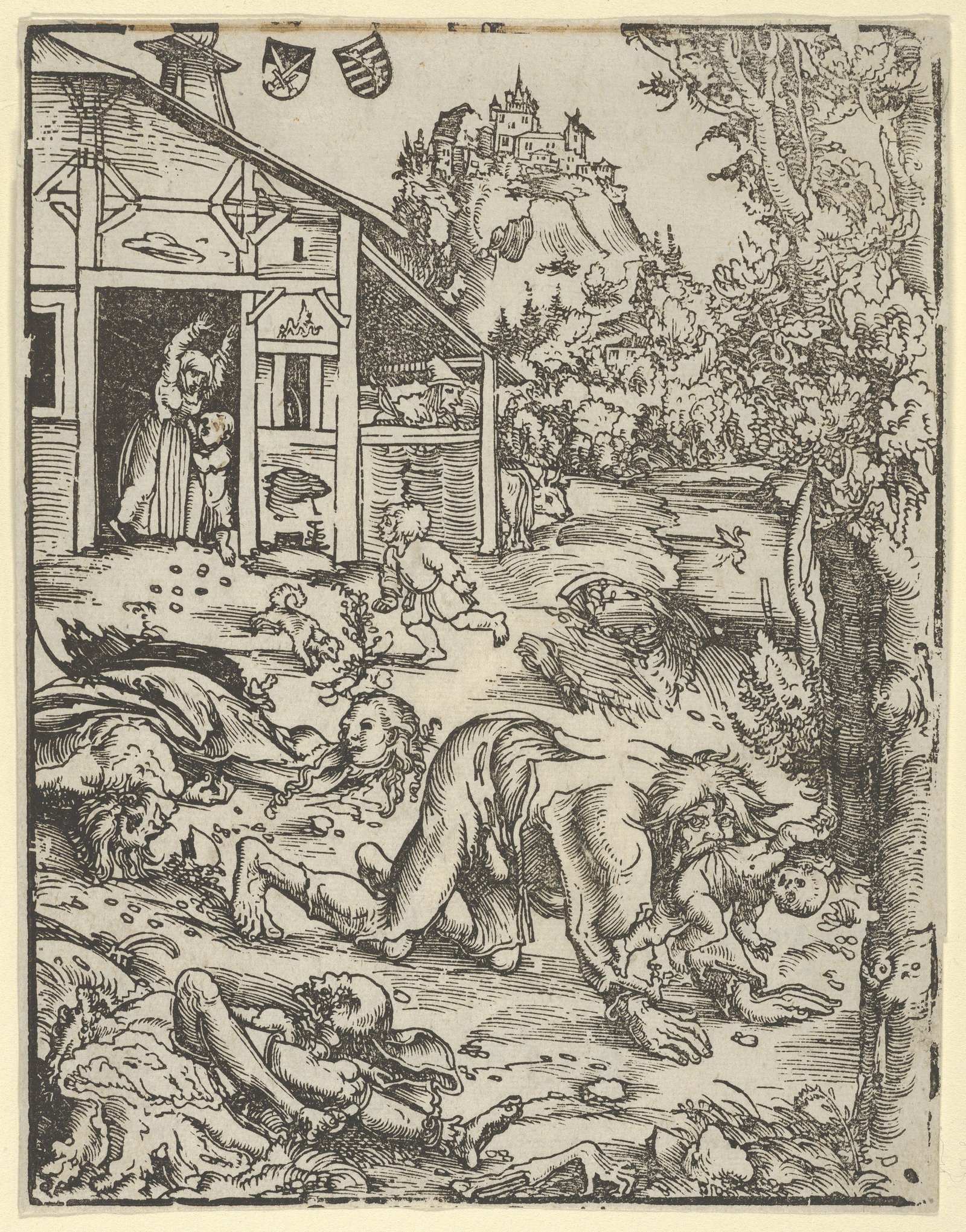 Wild man with long hair and ripped pants and shirt eats a baby as people flee in the background.