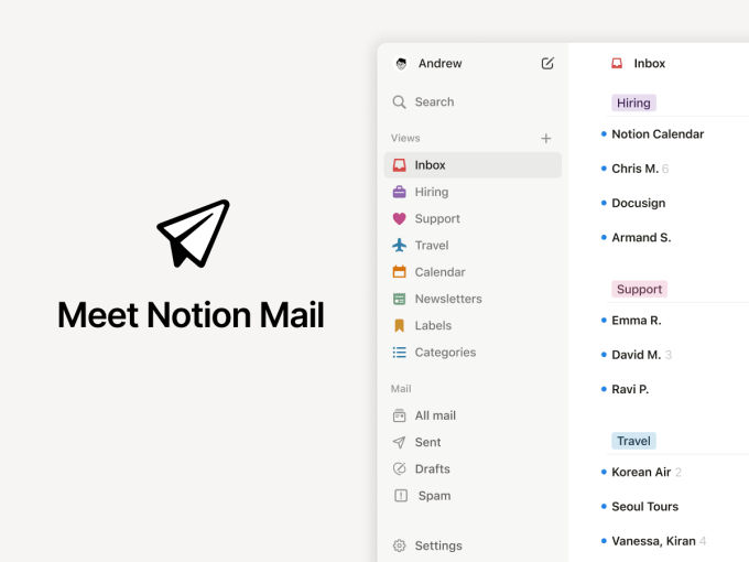 Image of a screengrab of Notion Mail that includes a view of its auto-labeled folder.