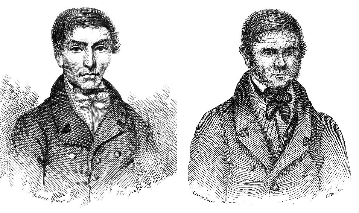 Black and white drawing of two white men in vintage early 1800s clothing with waistcoats and neckties.