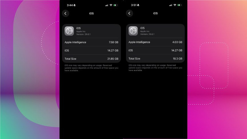 The Storage page before and after Apple Intelligence is disabled on iOS 26.