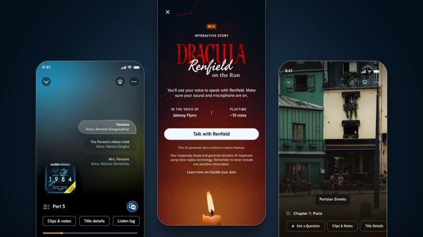 Screenshots of Audible's new AI features on a smart phone interface.